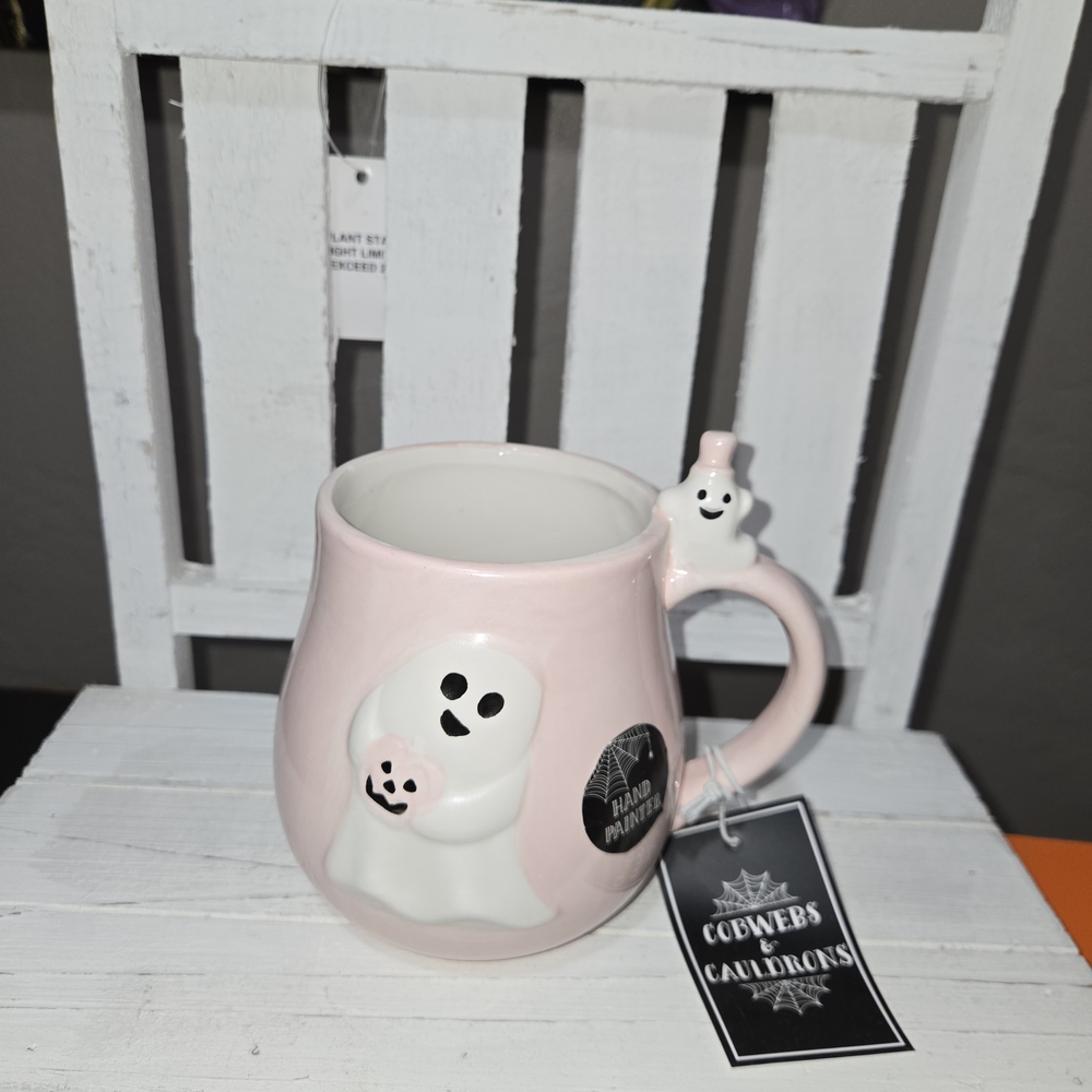 Ghost Holding Pink Pumpkin Halloween Mug